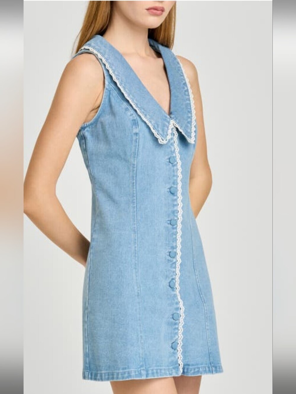 Wayf NWT Light Blue Denim Button Front Mini Dress with Lace Trim Sz XL